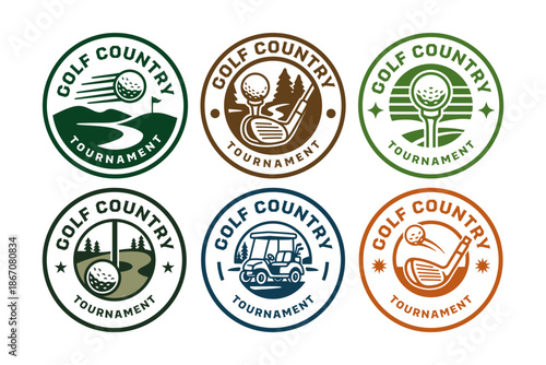 Golf country tournament, Golf club, Ball, Putter, Course, Cart badge vector illustration template graphic design collection for golf competition sport, adventure and outdoor merchandise