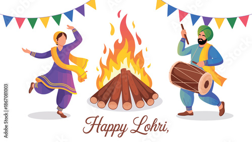 happy lohri festival illustration with punjabi folk dancers playing dhol around bonfire indian winter harvest celebration design