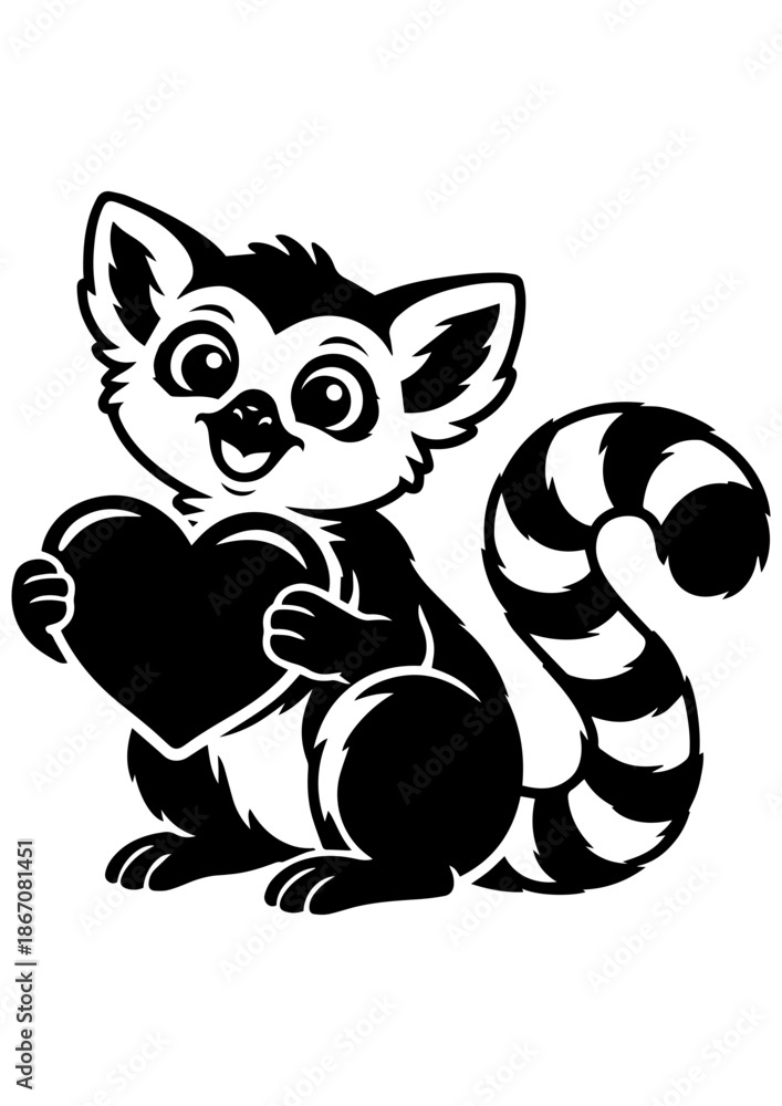 Fototapeta premium Cute lemur holding black heart vector line art, black and white illustration for engrave, laser engrave and gothic decor
