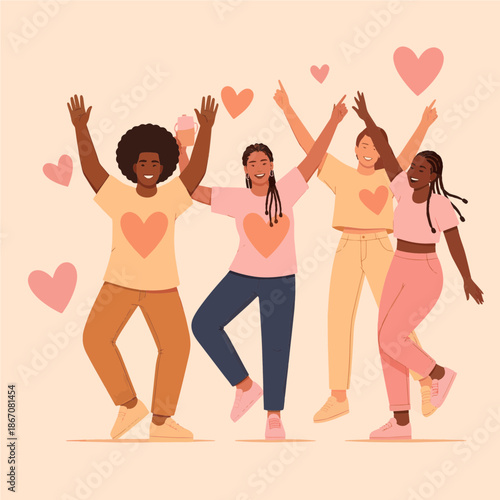 valentine's day, Diverse group of happy people with hearts on their shirts celebrating togetherness and unity