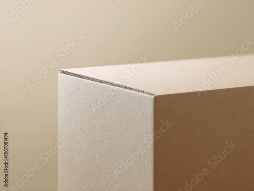 Close up of neutral cardboard box corner with soft light showing texture and layers in minimal style