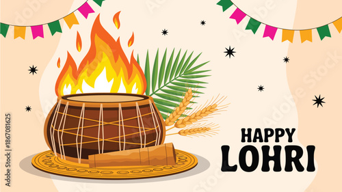 happy lohri festival illustration with bonfire traditional basket drum palm leaves and festive decoration punjabi indian winter harvest celebration