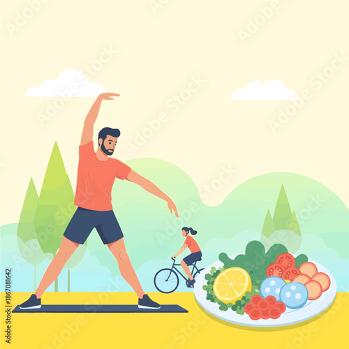 Healthy lifestyle concept with exercise and nutritious food in nature