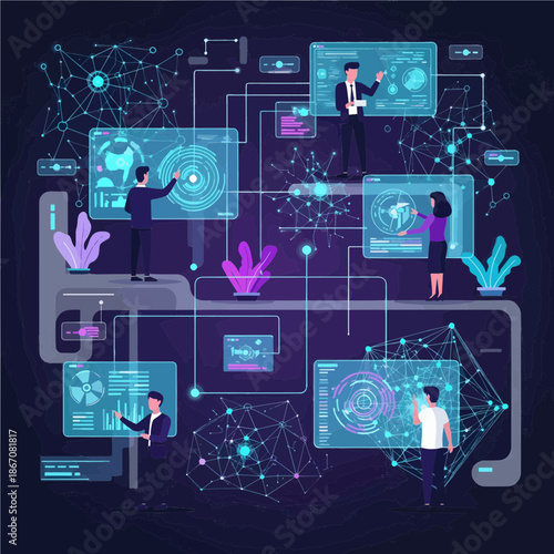 Modern business technology and network system with people interacting with digital interfaces