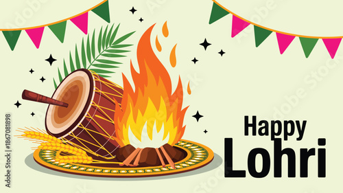 happy lohri festival illustration with bonfire dhol drum festive bunting and traditional elements punjabi indian winter harvest celebration