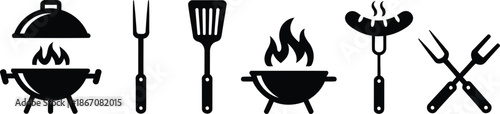 A collection of black barbecue icons featuring a grill, spatula, forks, and a sausage