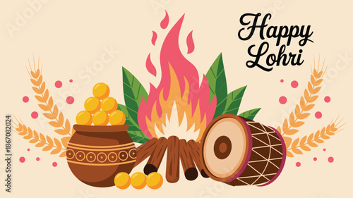 happy lohri festival illustration with bonfire traditional sweets pot and dhol punjabi indian winter harvest celebration design