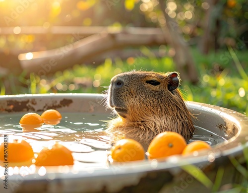 A capybara basks in a water-filled tub with floating oranges, bathed in warm sunlight. The relaxed animal enjoys the outdoors
