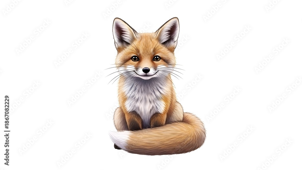 Fototapeta premium Illustration of a Cute, Realistic Red Fox with a Fluffy Tail Sitting and Facing Forward on a White Background.