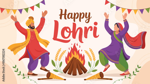 happy lohri festival illustration with punjabi folk dancers bonfire and traditional elements indian winter harvest celebration design