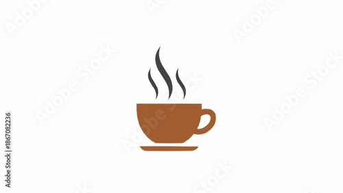 A simple graphic illustration of a brown coffee cup with steam rising, on a plain white background.