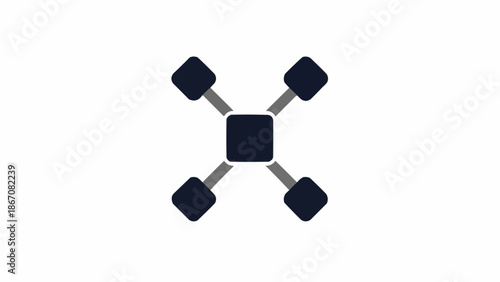 Abstract graphic design featuring a central square connected to four rounded squares by grey bars, forming a stylized cross or network symbol on a white background.