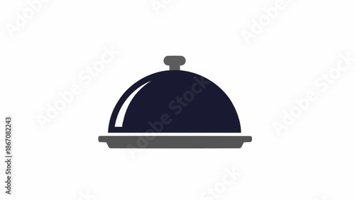 A minimalist graphic icon of a dark blue food cloche on a grey serving tray, symbolizing meal service.