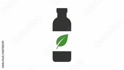 Minimalist illustration of a dark bottle with a green leaf label, symbolizing natural and organic products.