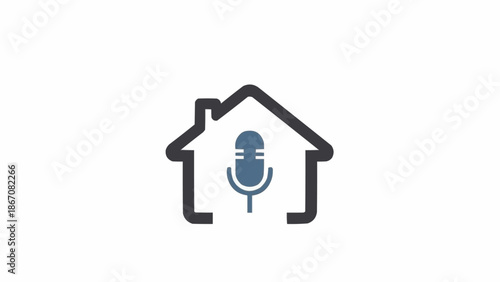 A minimalist graphic depicting a house outline with a microphone icon centered inside, symbolizing smart home voice control or audio recording.