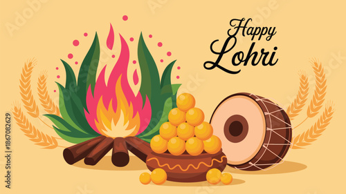happy lohri festival illustration with bonfire traditional sweets and dhol punjabi indian winter harvest celebration design
