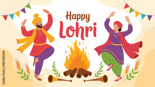 happy lohri festival illustration with punjabi folk dancers bonfire and traditional elements indian winter harvest celebration design