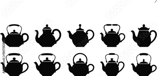 A collection of different black silhouette teapot and kettle icons arranged uniformly on a pristine white surface