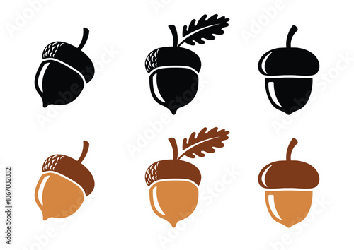 Acorn nut silhouette icon set isolated on white background vector illustration