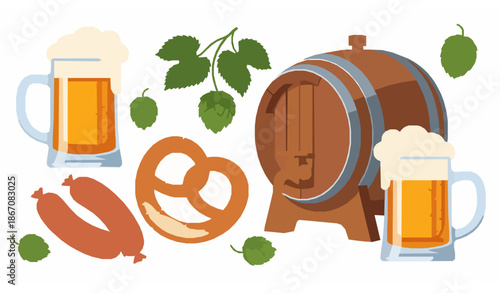 Oktoberfest elements set beer pretzel sausage barrel hops vector