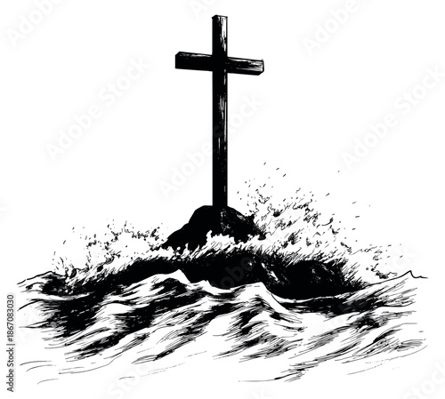 Hand drawn line art illustration of a cross depicting standing on a rock amidst crashing waves for religious faith and resilience