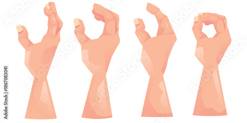 Four stylized hands forming OK gesture step by step in geometric minimal style with flat shading.