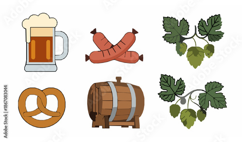 Minimal Oktoberfest food and beer icons flat vector set