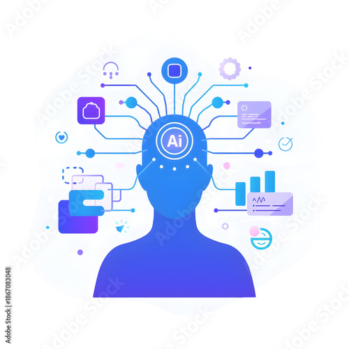 A blue silhouette of a human head with AI and various workflow icons emerging from it, representing an ai workflow to generate ai workflow concepts in a futuristic and technological mood.