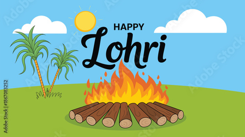 happy lohri festival flat illustration with bonfire sugarcane plants and sunny sky punjabi indian winter harvest celebration design