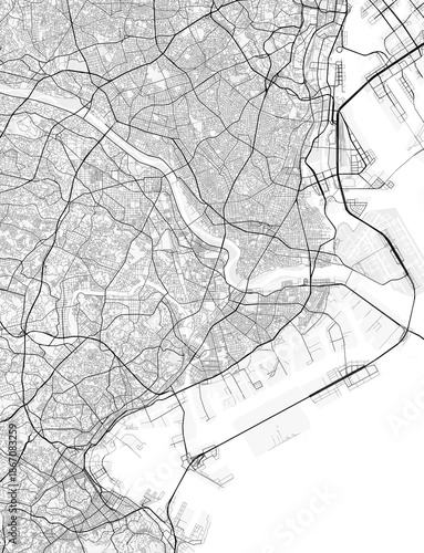 Kawasaki City Map. Minimalist black and  white line art poster for printing, wallpaper, wall art, and map resources for home and office decor