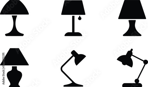 A collection of six distinct black silhouette lamp icons arranged neatly on a clean white background