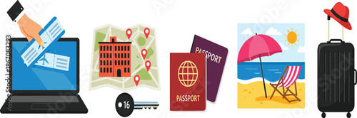 The image is a flat, vector-style illustration depicting various elements related to travel.
