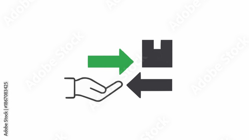 Simple icon illustrating a hand, a box, and two opposing arrows, representing concepts of delivery, return, exchange, or transaction.