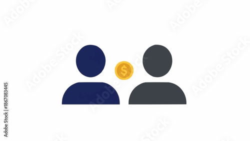 Two stylized human figures with a golden coin between them, representing financial exchange or business transaction.