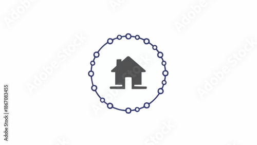 A simple dark grey house icon centered within a circular arrangement of interconnected blue dots on a plain white background.