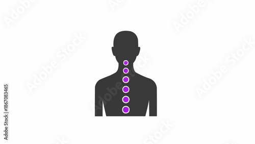 Human silhouette with purple circles representing energy centers or chakras along the spine.
