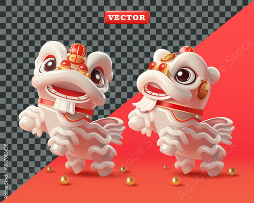 Cute White Glass Lion Dance, 3D vector. Perfect for Chinese New Yearr