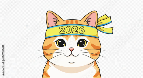 Cute orange cat wearing a festive 2026 headband and bow, illustrated in a cheerful cartoon style.