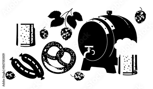 Oktoberfest elements set beer pretzel sausage barrel hops vector