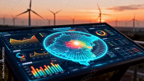 Wind farm data dashboard at sunset