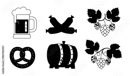 Minimal Oktoberfest food and beer icons flat vector set