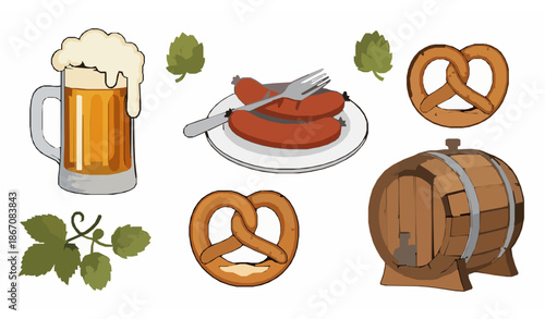 Oktoberfest elements set beer pretzel sausage barrel hops vector