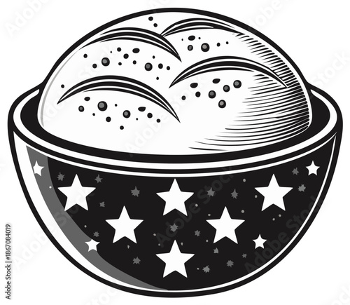 Graphic illustration of a patriotic star patterned bowl filled with freshly risen dough or artisanal bread
