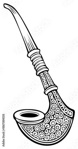 Ornate Smoking Pipe Line Art Illustration with Swirls and Engravings, Detailed Tobacco Pipe, Vector Graphic