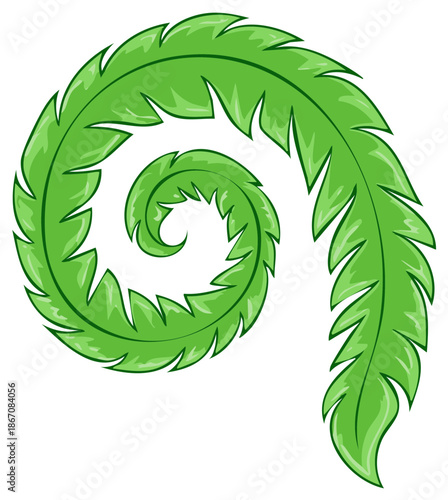 Vibrant green fern frond curling in a decorative spiral shape stylized graphic illustration