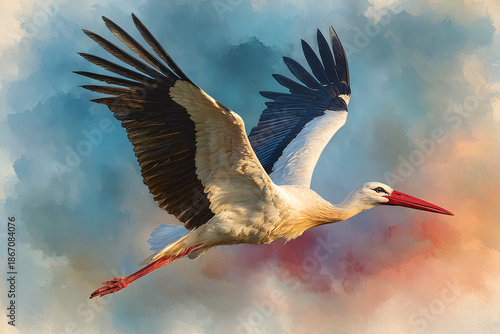 Majestic flying White Stork in a hand drawn watercolor bird illustration