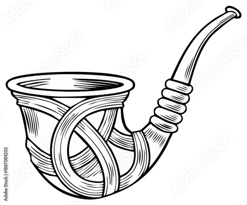 Elegant smoking pipe illustration in black and white line art with textured details and curved shape, creating a vintage feel.