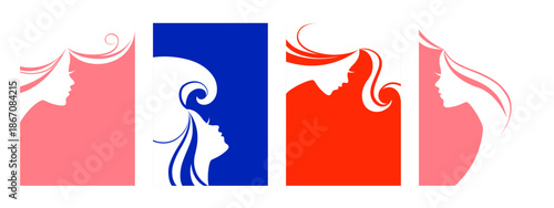 Female silhouette with flowing hair banner set. Beauty salon, branding, packaging, social post, spa wellness, fashion boutique, perfume, wedding, makeup, magazine concept. Vector illustration.