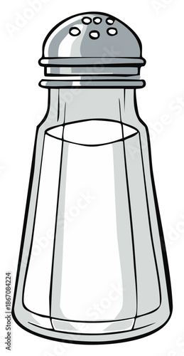 Simple cartoon illustration of a classic glass salt shaker for seasoning and dining