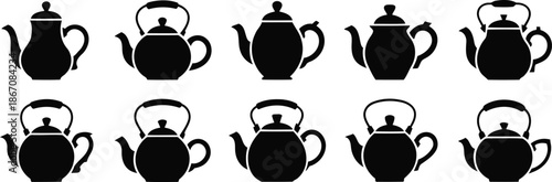 A diverse assembly of distinct teapot and kettle black silhouettes presented against a bright white background